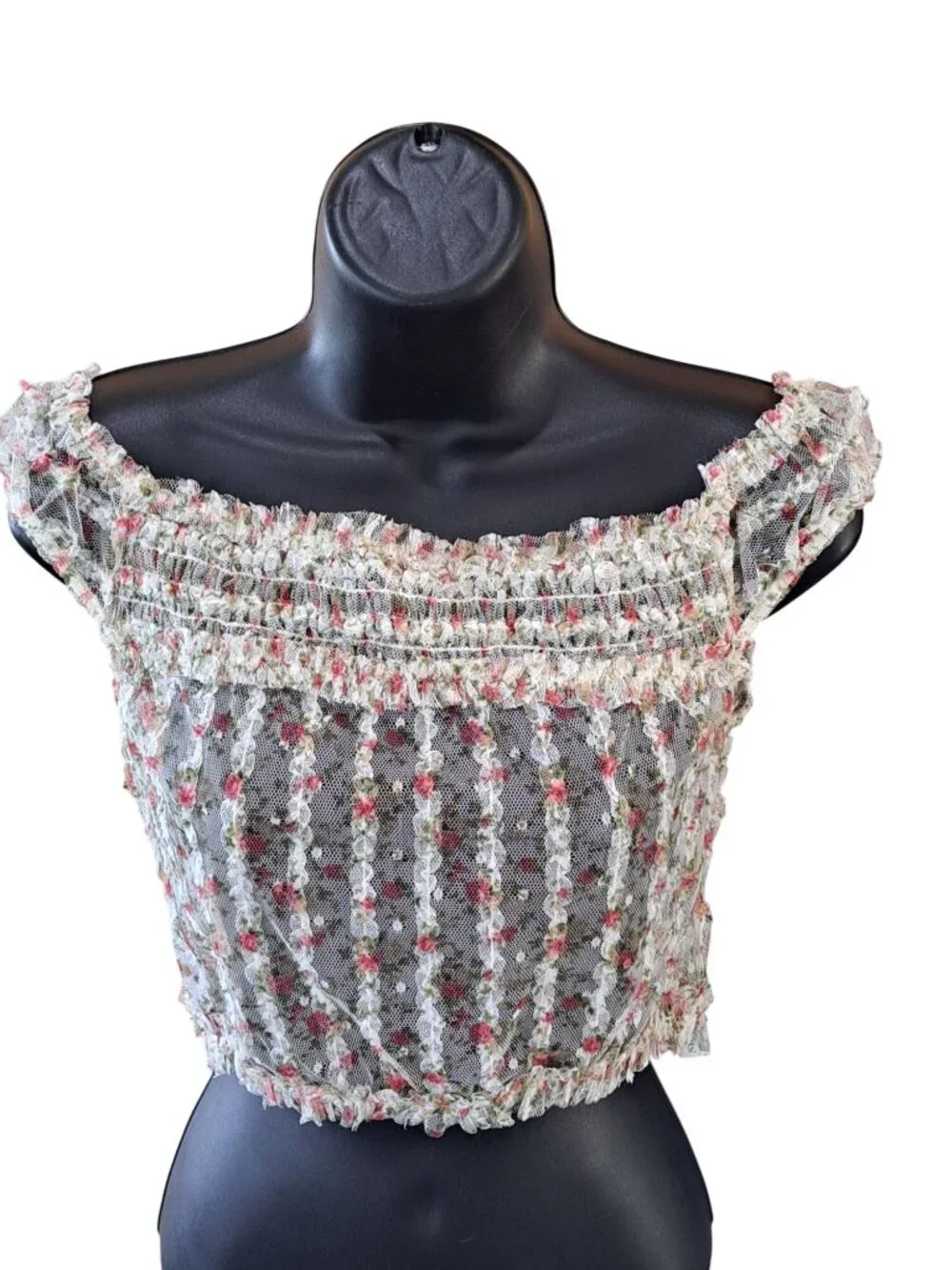 Ultimately Free People Floral Lace Off-Shoulder Smocked Crop Top Sheer Women’s S